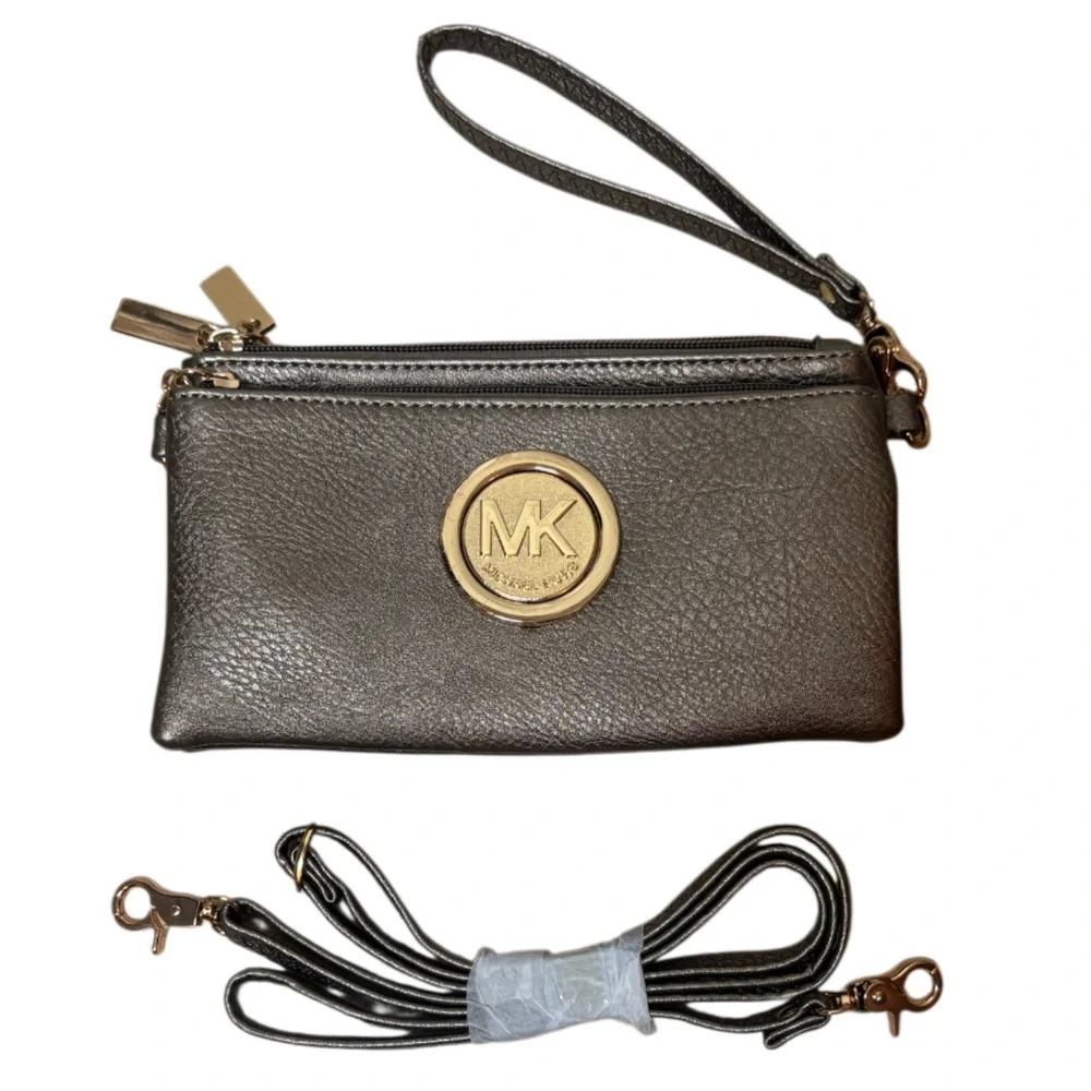 Michael Kors Crossbody Wristlet Metallic Multi Compartments Pewter Silver Gold